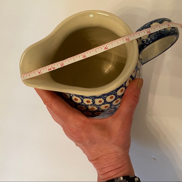 POLISH POTTERY PITCHER VINTAGE BLUE WHITE POLAND HANDMADE BOLESLAWIEC HOME SERVE - Picture 6 of 10